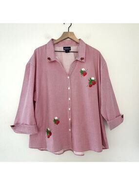 Vintage Las Olas Embroidered Strawberries Gingham Shirt Sz 3X Red White Cottage